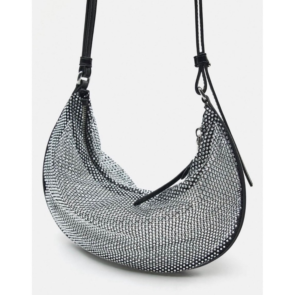 ZARA Rhinestone Shoulder Bag Women Silver Black Pouch Crescent Glam Y2K Mesh